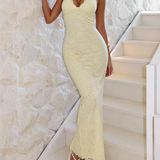 Halter Deep V Backless Lace Slit Midi Bodycon Dress