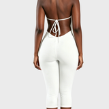 V Neck Halter Open Back Tie Capri Jumpsuit