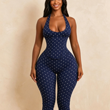 Hourglass Figure Body Shaper Waist Cincher Polka Dot Capri Jumpsuit Two-Piece Set