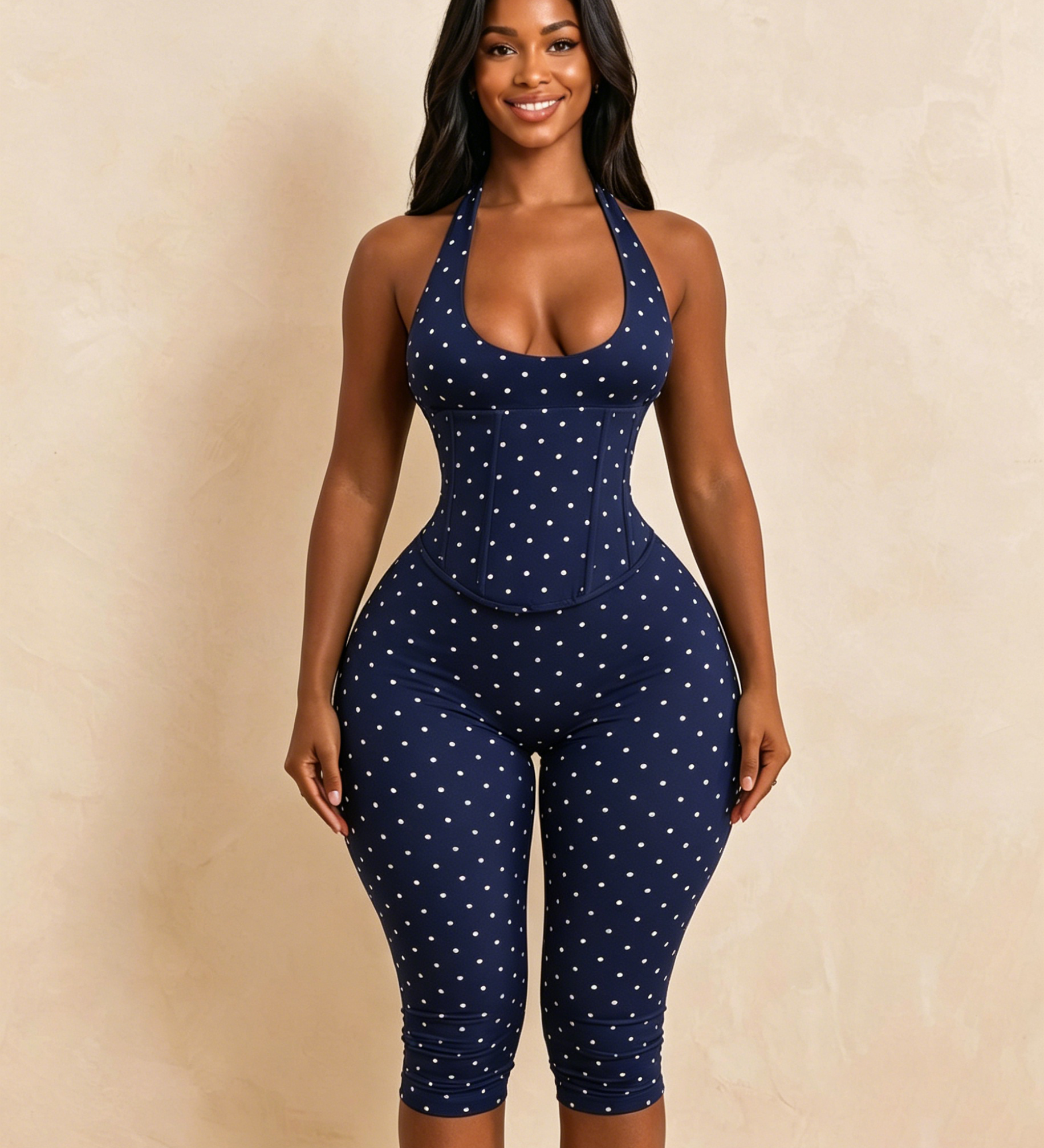 Hourglass Figure Body Shaper Waist Cincher Polka Dot Capri Jumpsuit Two-Piece Set