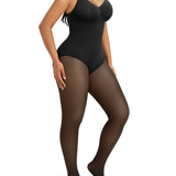 V Neck Adjustable Strap Warm Lined Sheer Panel Tummy Control Bodysuit