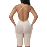 V Neck Front Zip Crisscross Back Knee Length Tummy Contro Bodysuit Butt Lifting Shaper