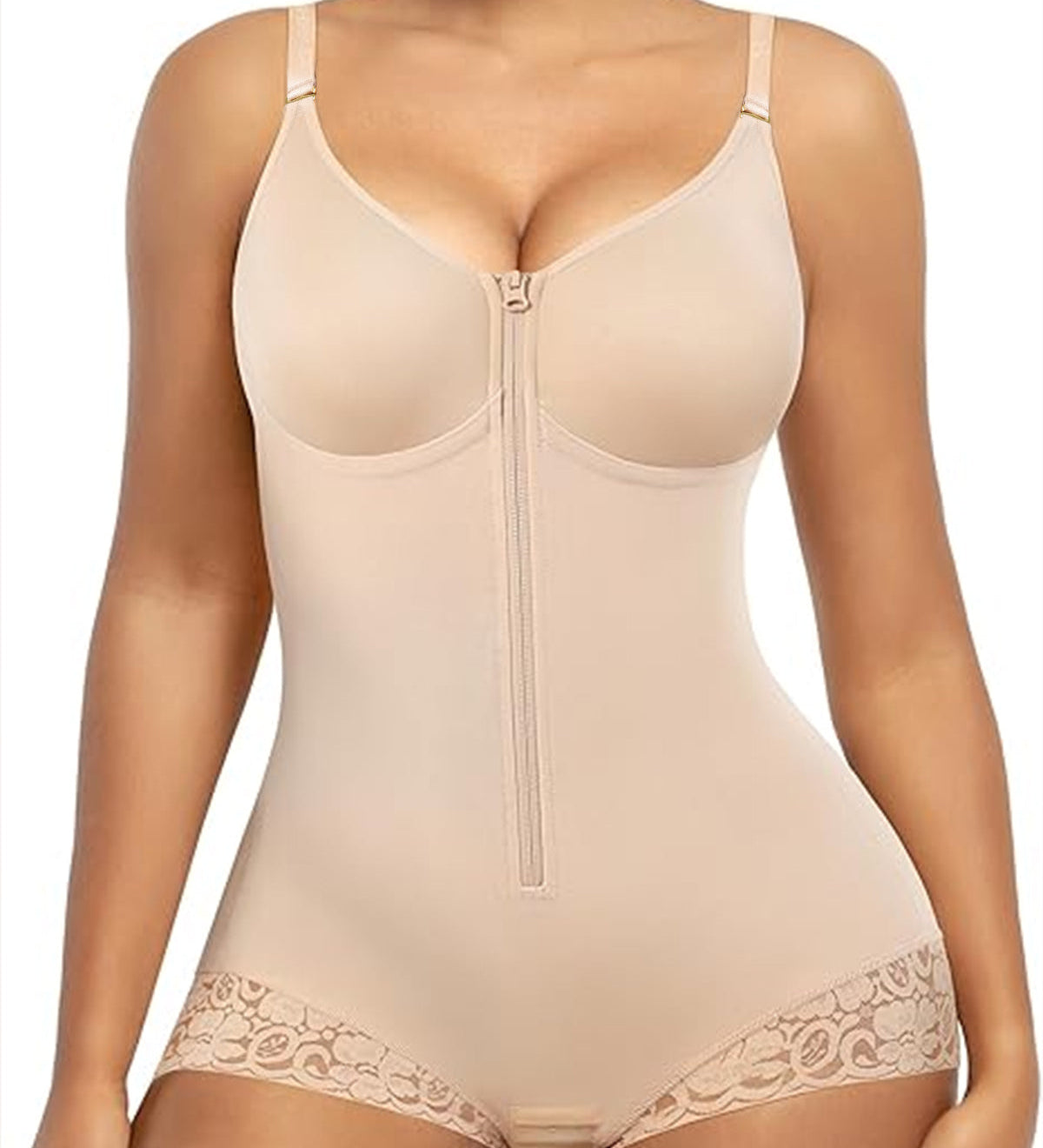 Lace-trimmed Tummy Control Zipper Shapewear Bodysuit