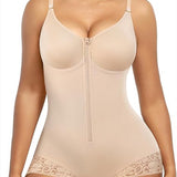 Lace-trimmed Tummy Control Zipper Shapewear Bodysuit