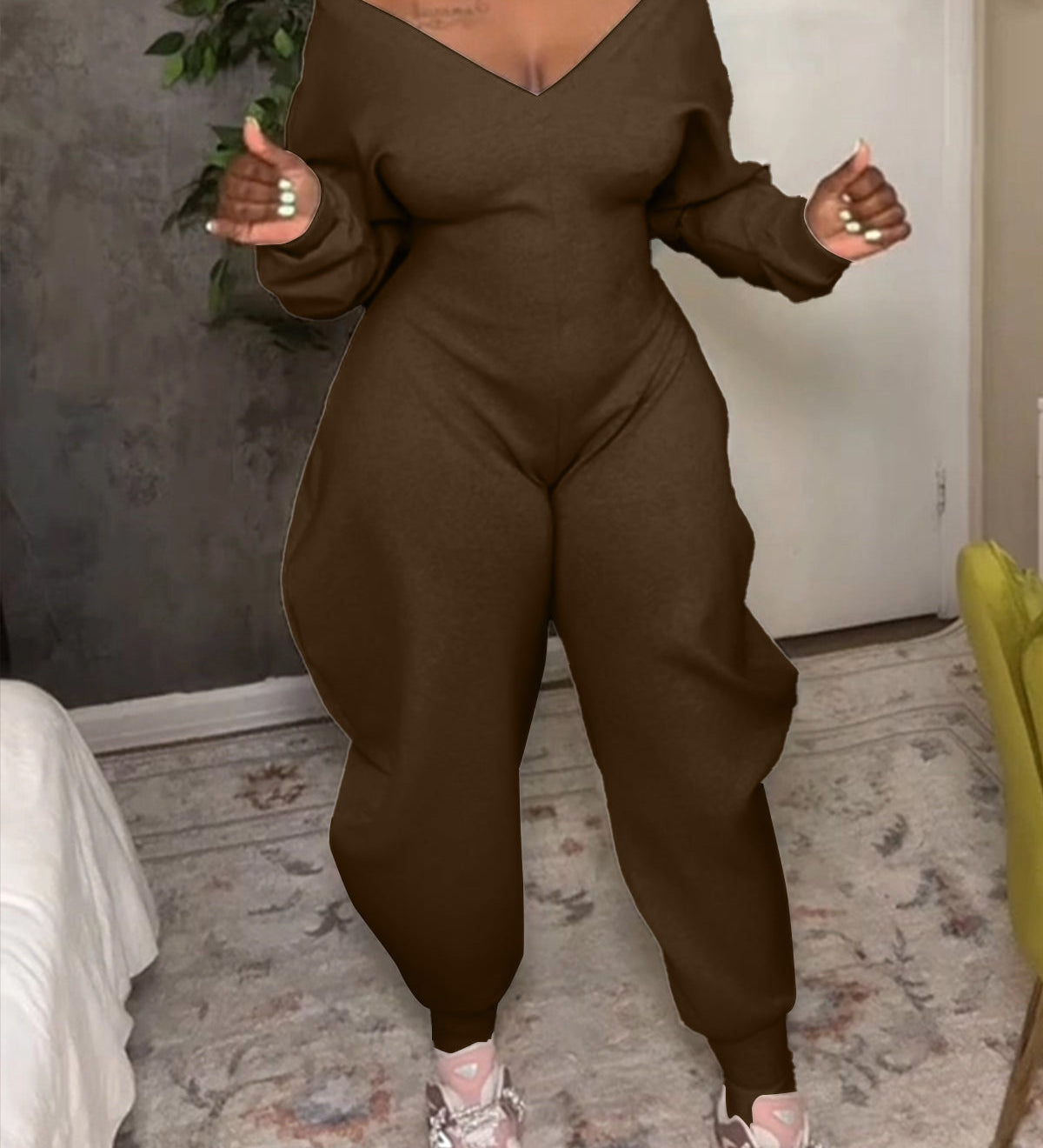 Cozy V Neck Baggy Long Sleeve Jumpsuit