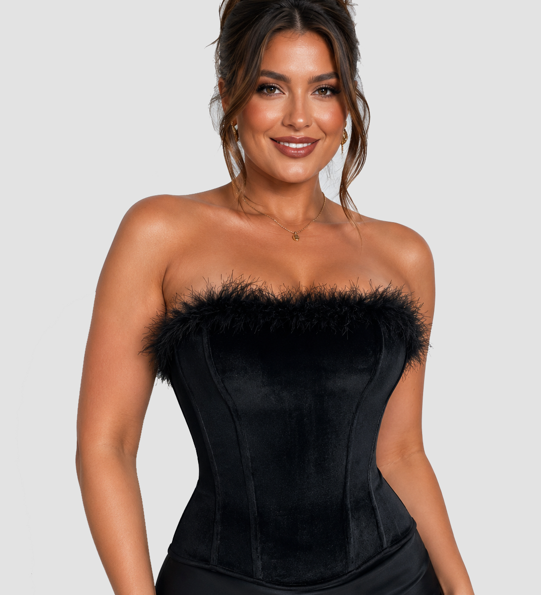 Black Velvet Feather Trim Strapless Corset Top with Lace Up Back
