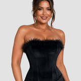 Black Velvet Feather Trim Strapless Corset Top with Lace Up Back