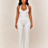 Polk Dot Halter-Neck Backless Detachable Corset Wide-leg Jumpsuit Two-Piece Set