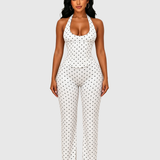 Polk Dot Halter-Neck Backless Detachable Corset Wide-leg Jumpsuit Two-Piece Set