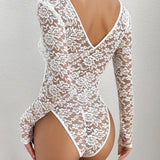 Floral Lace Sheer Long Sleeve Bodysuit V Neck Slim Fit Thong Body Shaper
