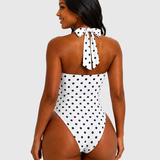 Polka Dot Halter Sweetheart Neck Ruched Back Bow Tie High Leg One-piece Swimsuit