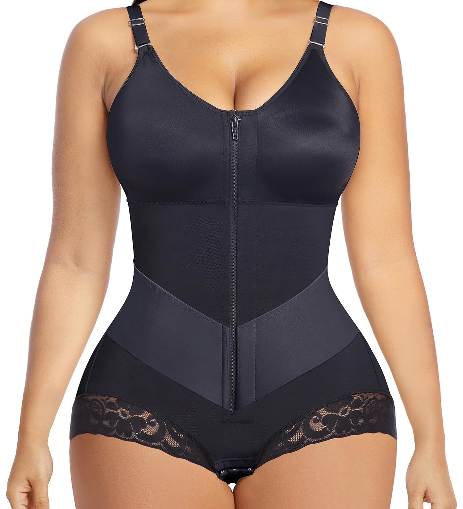 Lace Trim Adjustable Strap Tummy Control Butt Lifting Zipper Bodysuit