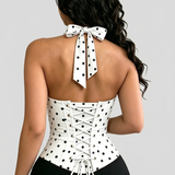 Polka Dot Halter Corset Top with Tied-up Back