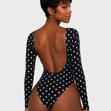 Long Sleeve Polka Dot Large U Open Back Tummy Control Thong Bodysuit