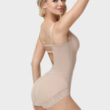 Seamless V Neck Adjustable Crisscross Back Lace Trim Hourglass Butt Lifting Bodysuit