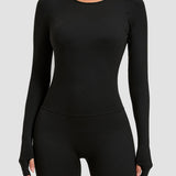 Round Neck Long Sleeve Open Back Tight Fit Workout Romper