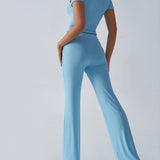 Essential Two-Piece Active Set ropped Short Sleeve Top Drawstring Flare Pants