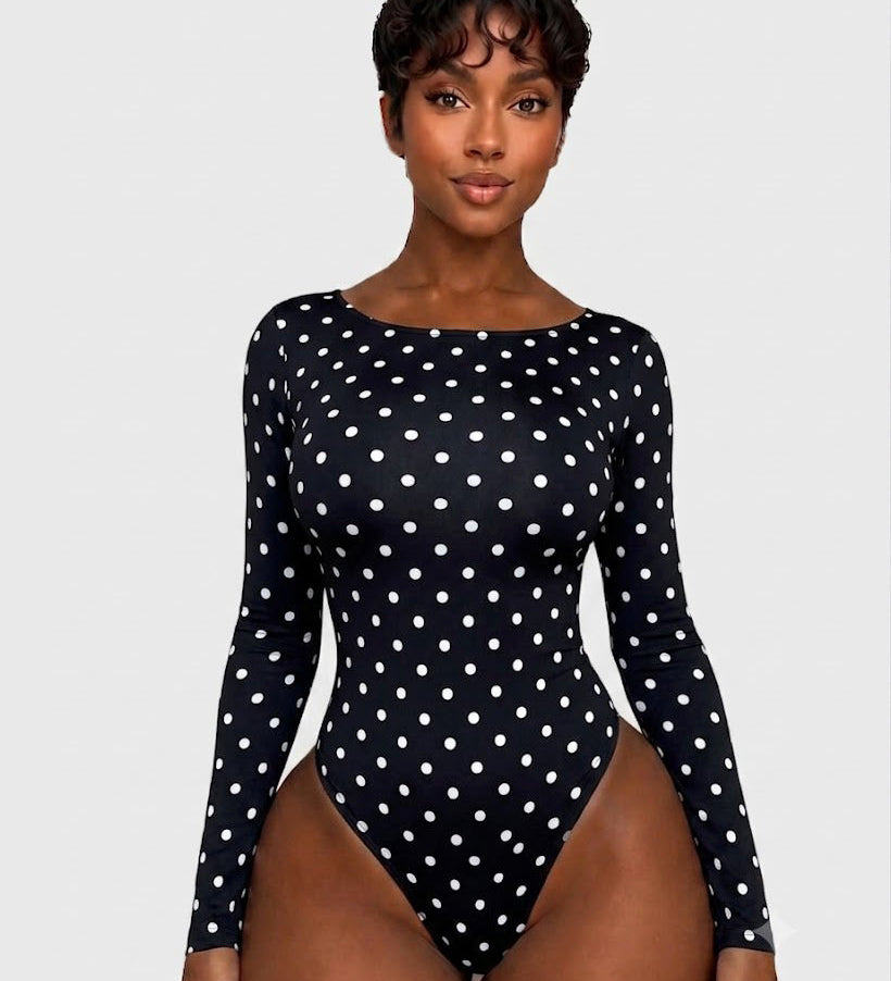 Long Sleeve Polka Dot Large U Open Back Tummy Control Thong Bodysuit