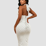 Polka Dot Corset Halter Midi Dress with Lace-Up Back