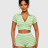 Striped Ribbed Polo V Neck Crop Top High Waist Butt Lifting Shorts Two Piece Set