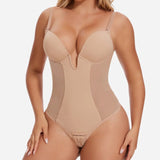 Sexy Plunge Neck Backless Mesh Panel Shapewear Thong Bodysuit