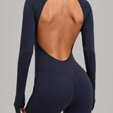 Round Neck Long Sleeve Open Back Tight Fit Workout Romper