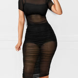 Women's Sexy Mesh See Through Short Sleeve Three Piece Suit