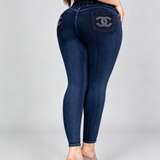 High Waist Double Button Rhinestone Ripped Butt Lifting Skinny Jeans