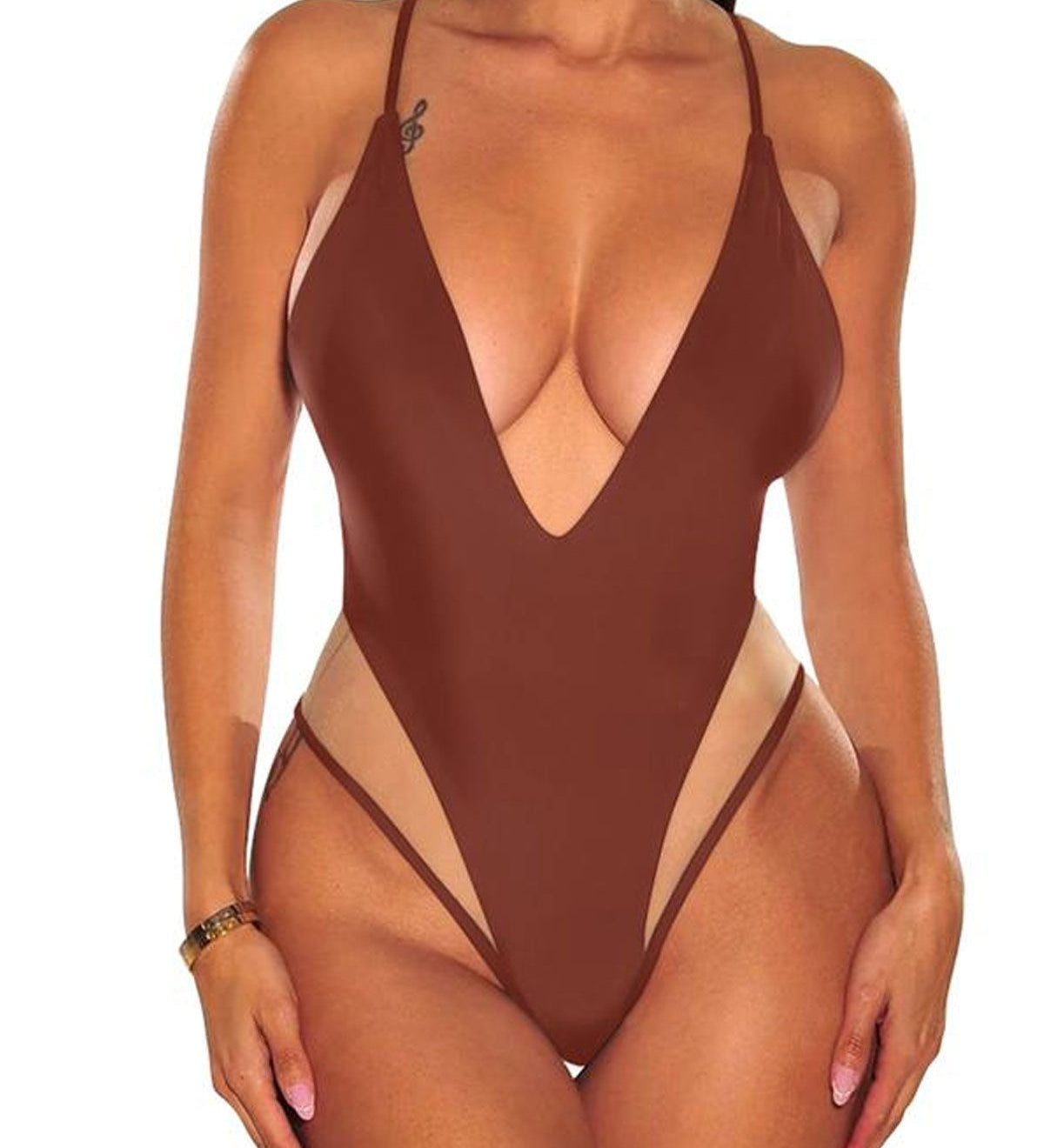 Sexy Mesh Splicing Spaghetti Strap Deep V Neck Shapewear Swimsuit