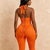 Hourglass Figure Body Shaper Waist Cincher Polka Dot Capri Jumpsuit Two-Piece Set