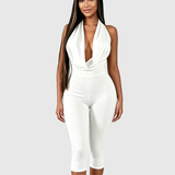 V Neck Halter Open Back Tie Capri Jumpsuit