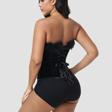 Black Velvet Feather Trim Strapless Corset Top with Lace Up Back