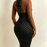 Polka Dot Corset Halter Midi Dress with Lace-Up Back
