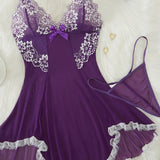 Lace Bowknot Sleeping Dress Thong Set Spaghetti Strap V Neck Lingerie