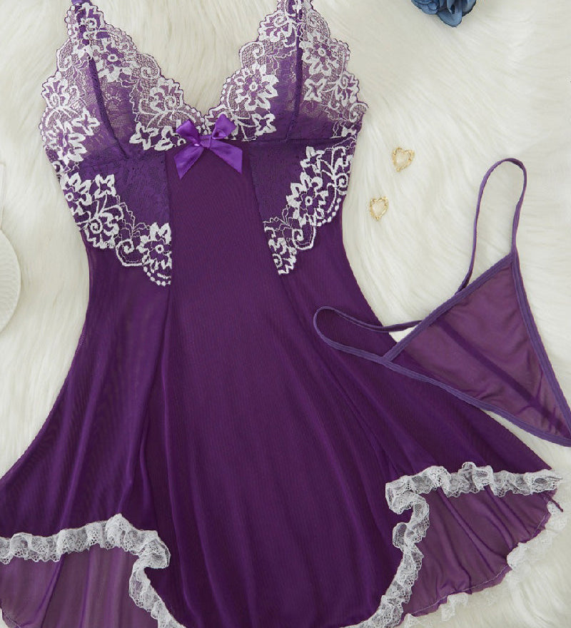 Lace Bowknot Sleeping Dress Thong Set Spaghetti Strap V Neck Lingerie