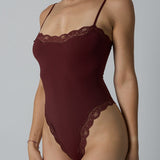 Spaghetti Strap Triangle Shapewear Bodysuit with Lace Trim