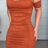 Off Shoulder Ruched Tummy Tuck Bodycon Midi Dress with Fishbone