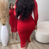 Elegant Mesh Paneled Ruched Bodycon Midi Dress with Mock Neck