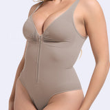 Deep V Seamless Backless Triangle Shapewear Bodysuit with Front Zipper