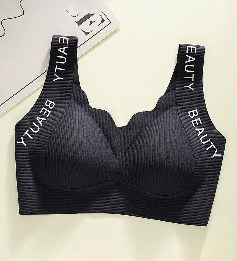 Thin Seamless Wireless Push-Up Fixed Cup Lettering Straps Bra