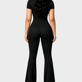 Front Zipper Short Sleeve Ribbed Slim Butt Lifting Flare Leg Jumpsuit
