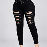 High Waist Double Button Rhinestone Ripped Butt Lifting Skinny Jeans