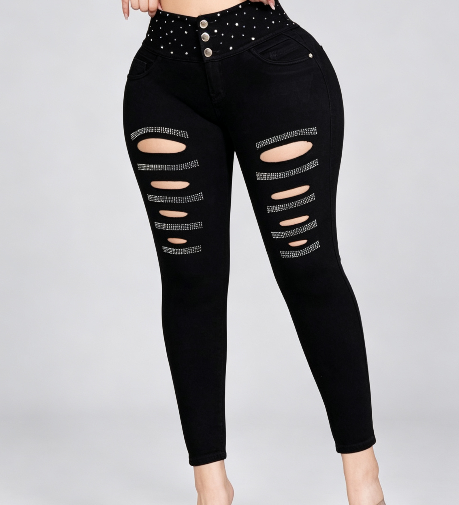 High Waist Double Button Rhinestone Ripped Butt Lifting Skinny Jeans