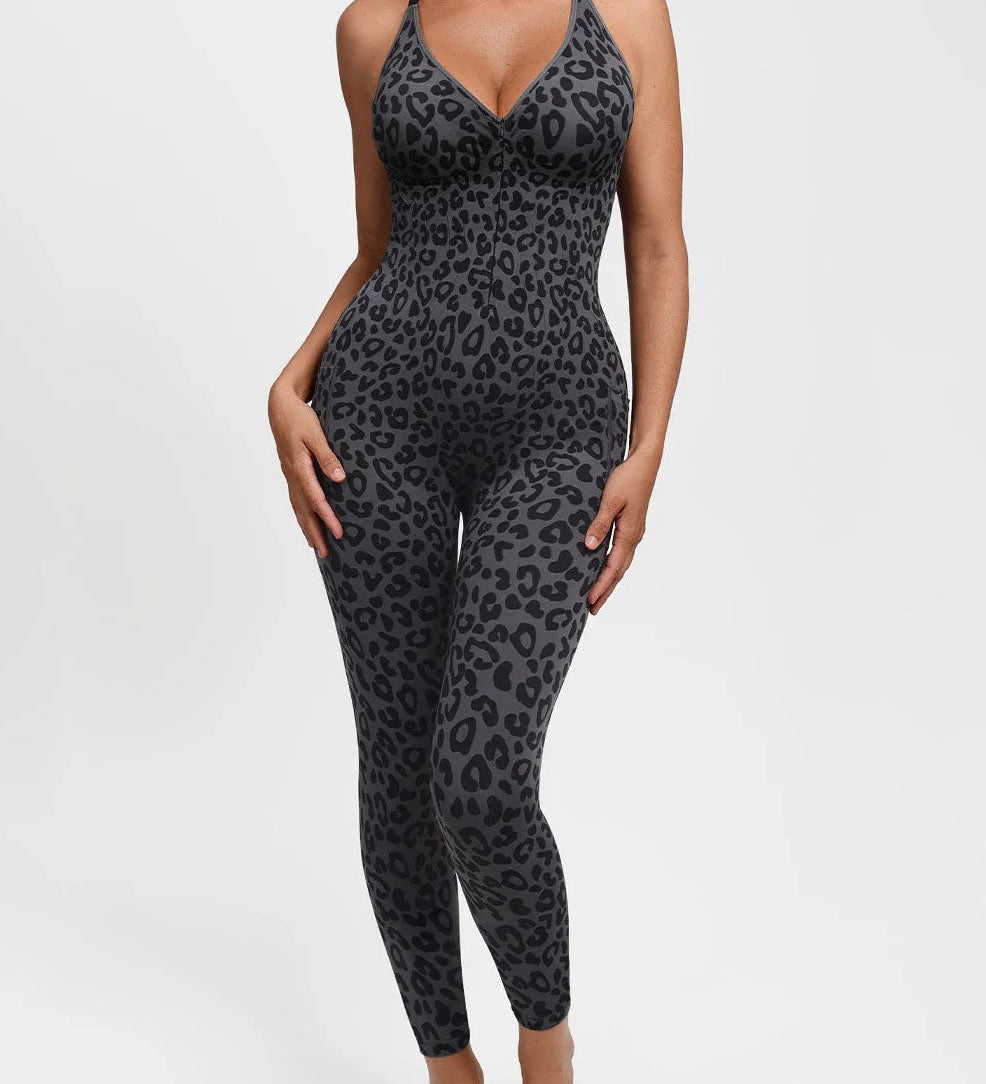 High Compression Zip Front Deep V Adjustable Strap Shapewear Jumpsuit