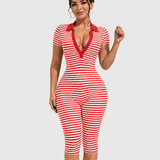 Striped Collar Short Sleeve Capri Skinny Jumpsuit