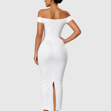 Off Shoulder Ruched Bust Bodycon Maxi Dress with Back Slit