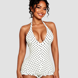 Polka Dot Halter Neck Ruffle Hem Romper Swimsuit