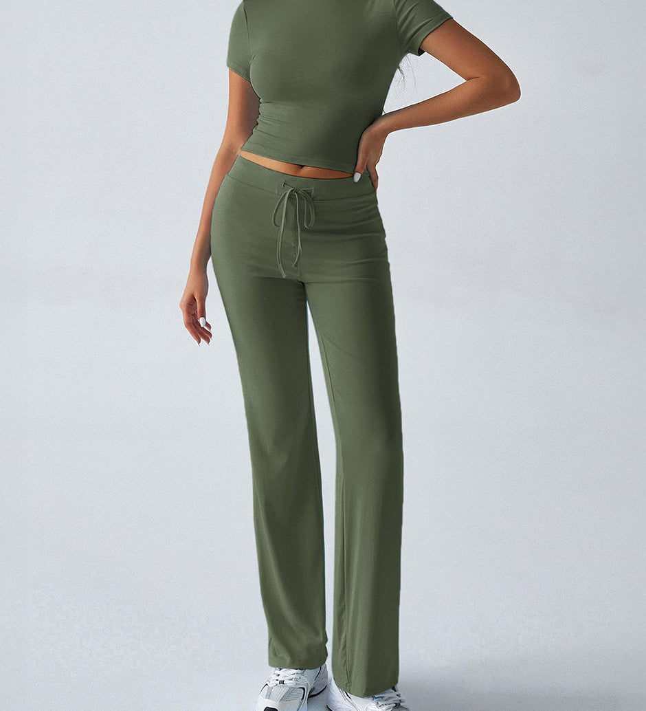 Essential Two-Piece Active Set ropped Short Sleeve Top Drawstring Flare Pants