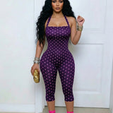 Polka Dot Halter Neck Open Back Skinny Capri Jumpsuit