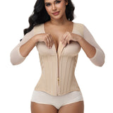 V Neck 3/4 Mesh Sleeve Zipper Waist Trainer High Compression Shaping Top